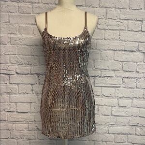Daytrip Silver Sequins and Pink Mesh Mini Dress Sz M